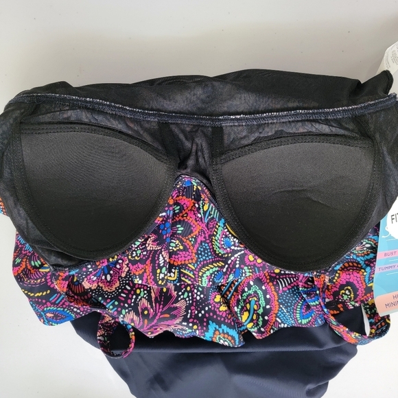 Swim Solutions Navy Multi Color Floral Tummy Control Tiered Swimsuit Sz10 D NEW - Picture 12 of 16